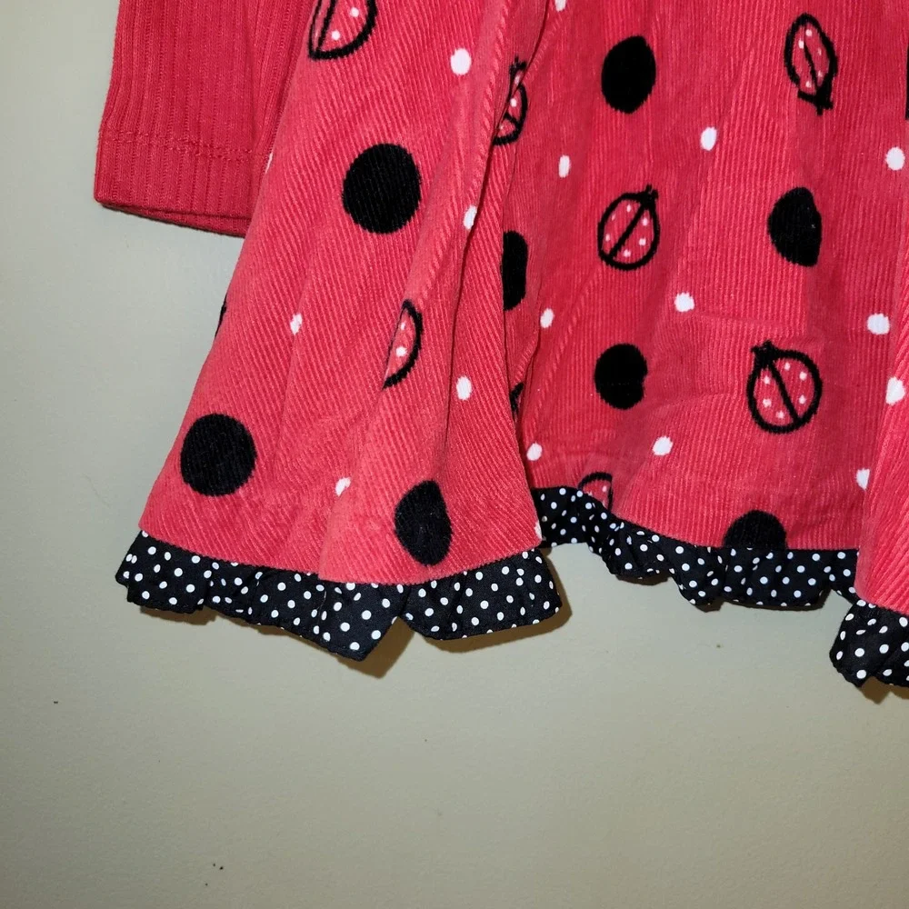 Rare Editions Girls‎ Red Ladybug Corduroy Dress Size 5 Long Sleeve Polka Dot Bow